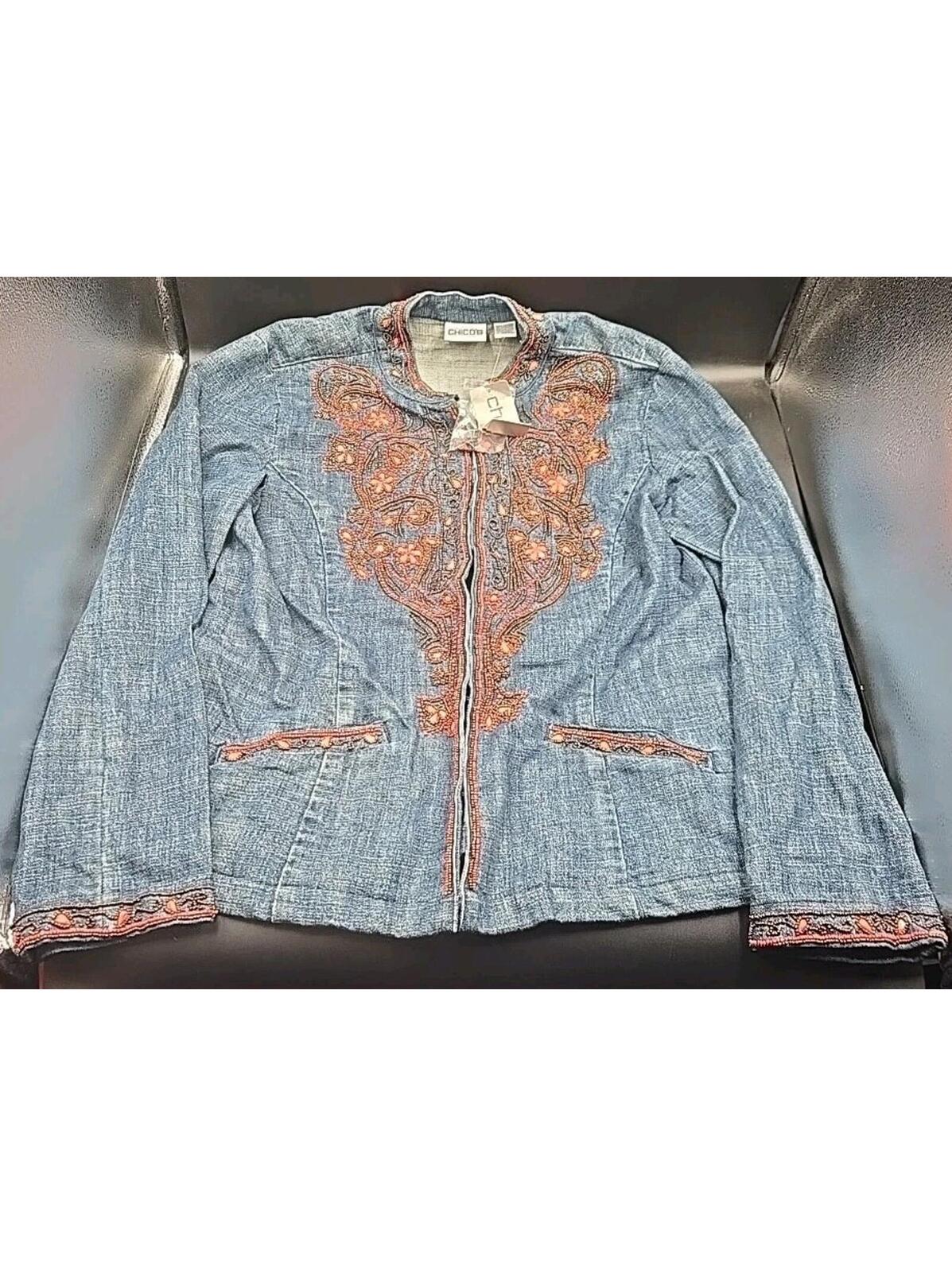 Chico's Nwt Denim Coral Opulence Beaded Applique Long Sleeve Jacket Medium 8 New